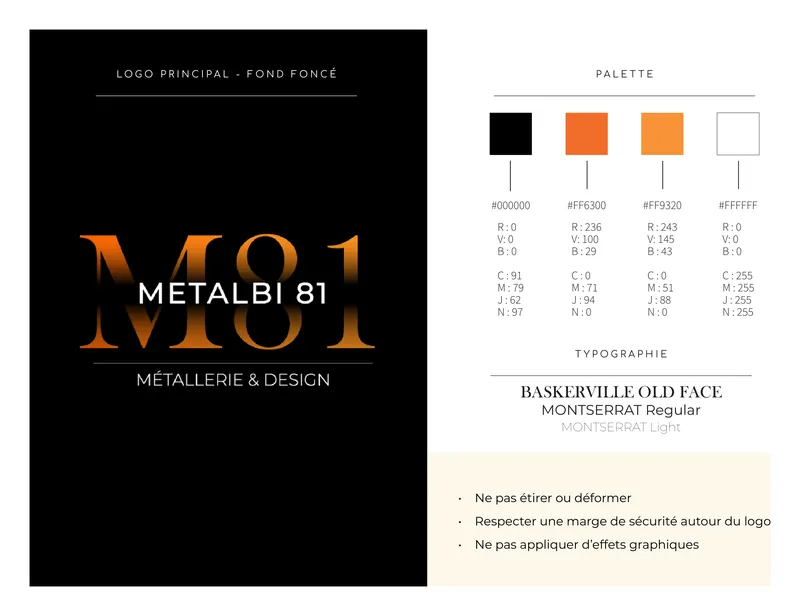 Le logo sur fond foncé, avec sa palette et ses typographies, extrait de la charte graphique